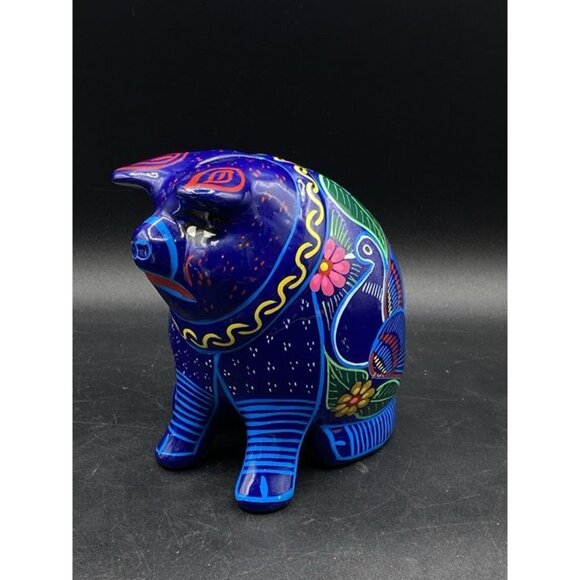 Talavera Mexican Pottery Sad Pig Piggy Bank Bright Blue Birds Folk Art Large 6” - Picture 6 of 9